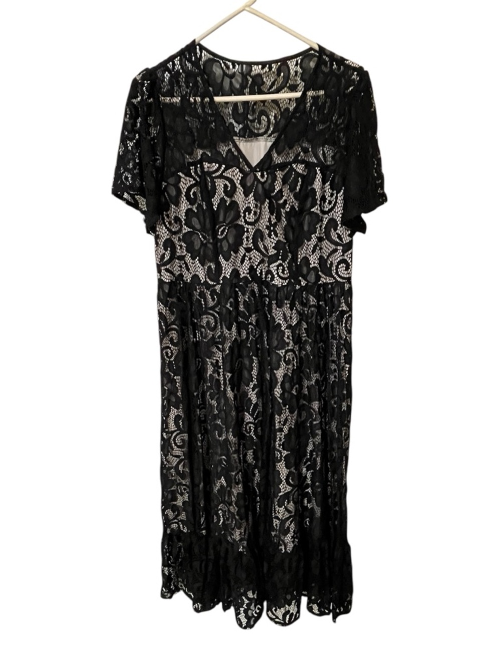 SHEIN  Curve Maxi Dress Size 1X Black Lace Tan Lined Short Sleeve Gothic Witchy